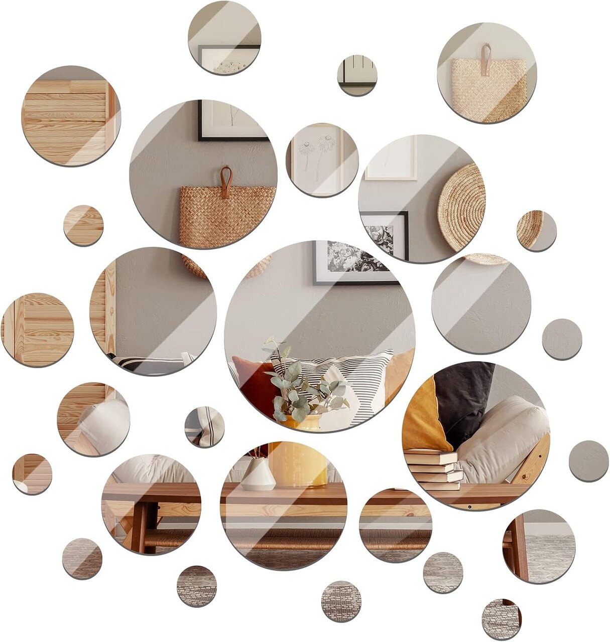 Mirror Wall Stickers Acrylic Mirror Setting Round Peel and Stick Circle Stick for Wall 3D Self Adhesive(48 Pcs,5.9 in, 4.7 in, 3.9 in, 3.1 in, 2.4 in, 1.2 in)
